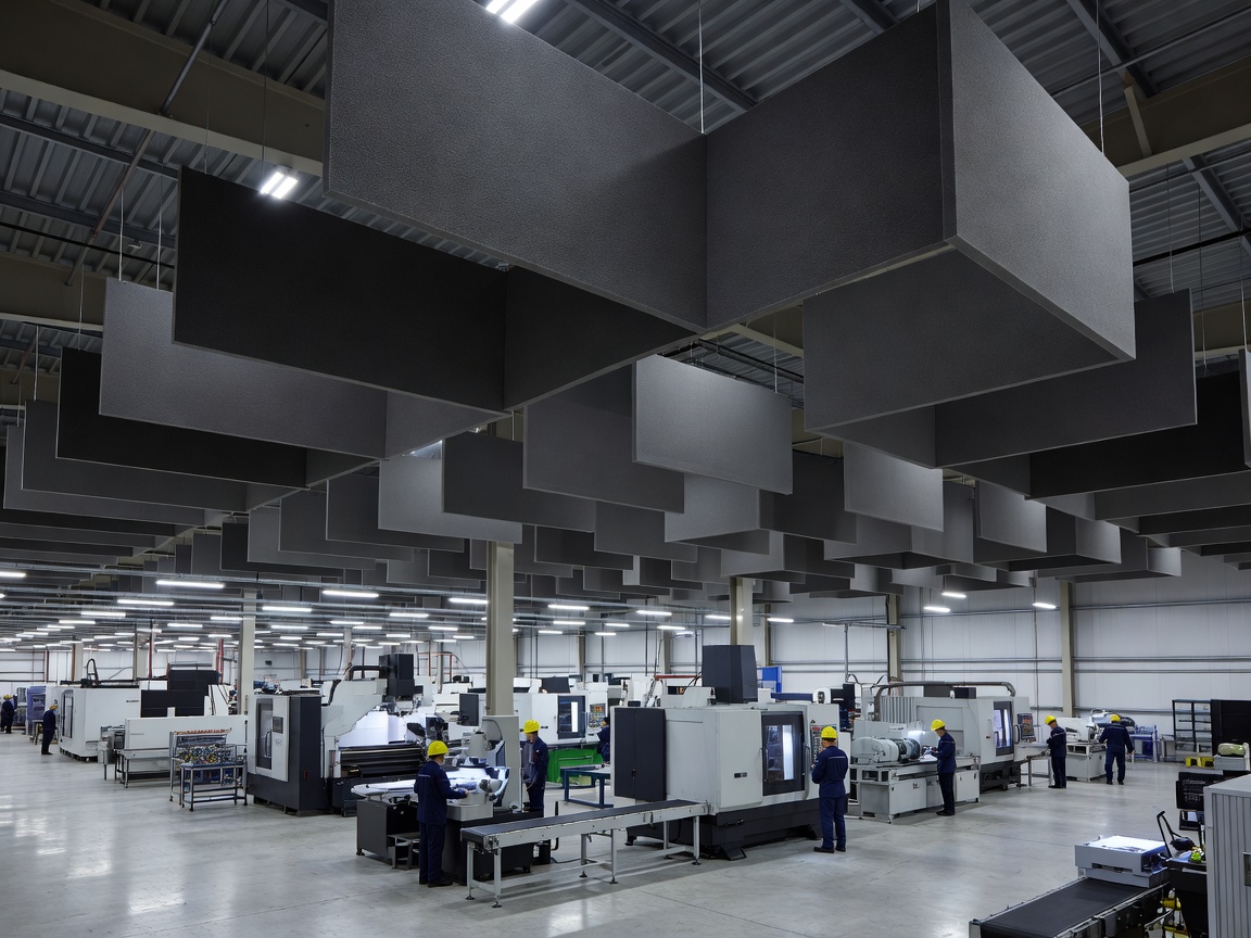 Acoustic treatment suspended above a spacious factory production floor