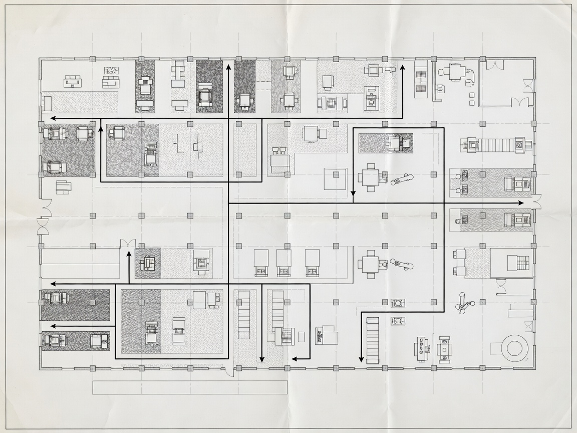 Factory layout plan showing acoustic zones and inspection paths