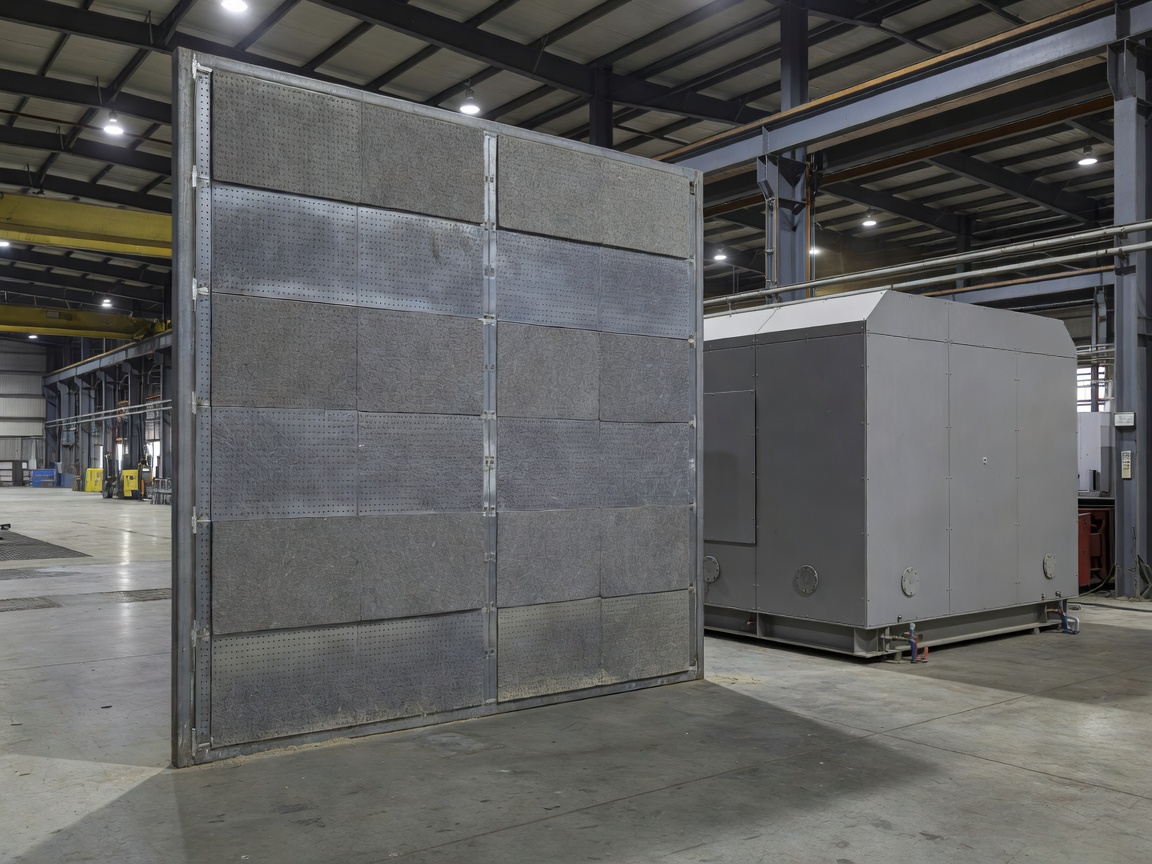 Industrial acoustic screen beside enclosed machinery