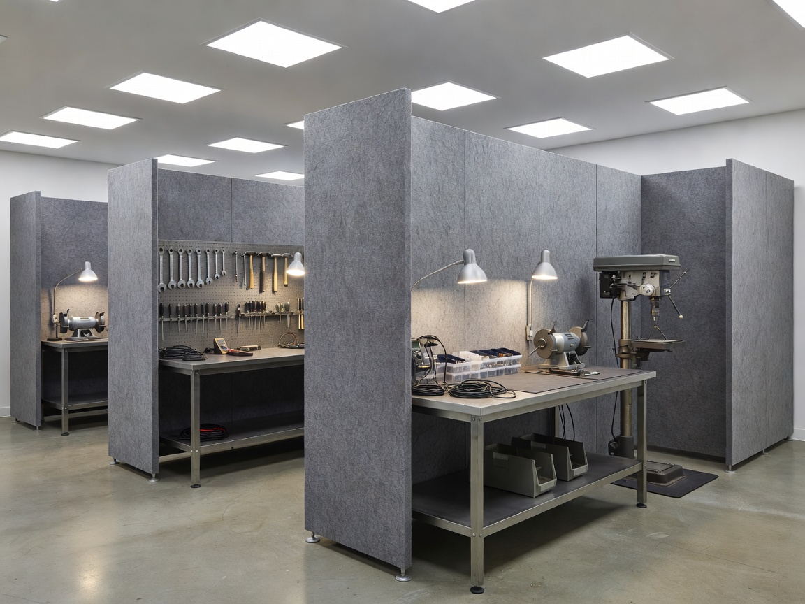 Organised workshop with tool bays and acoustic separation
