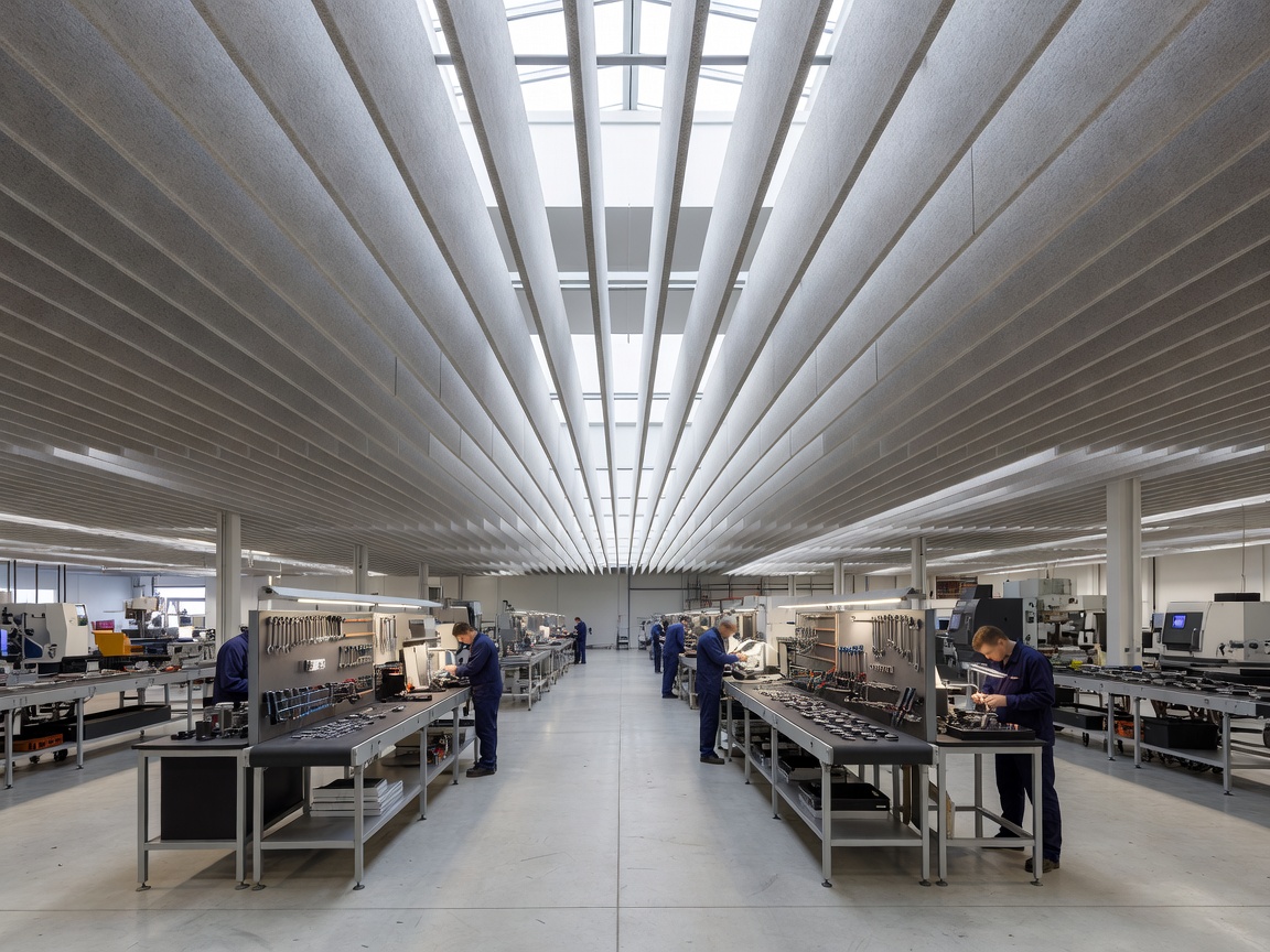Soft acoustic ceiling baffles above an orderly factory floor