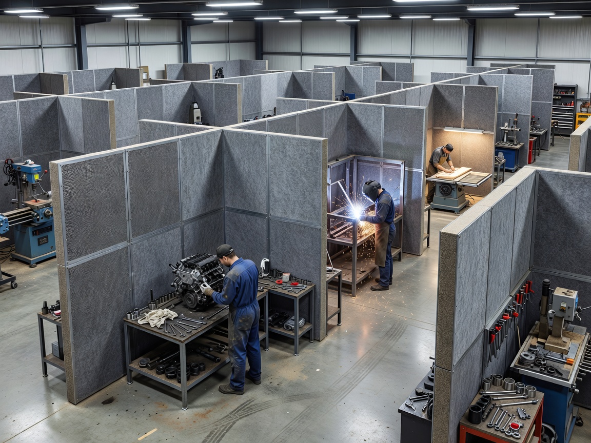 Workshop bays separated by carefully positioned acoustic partitions